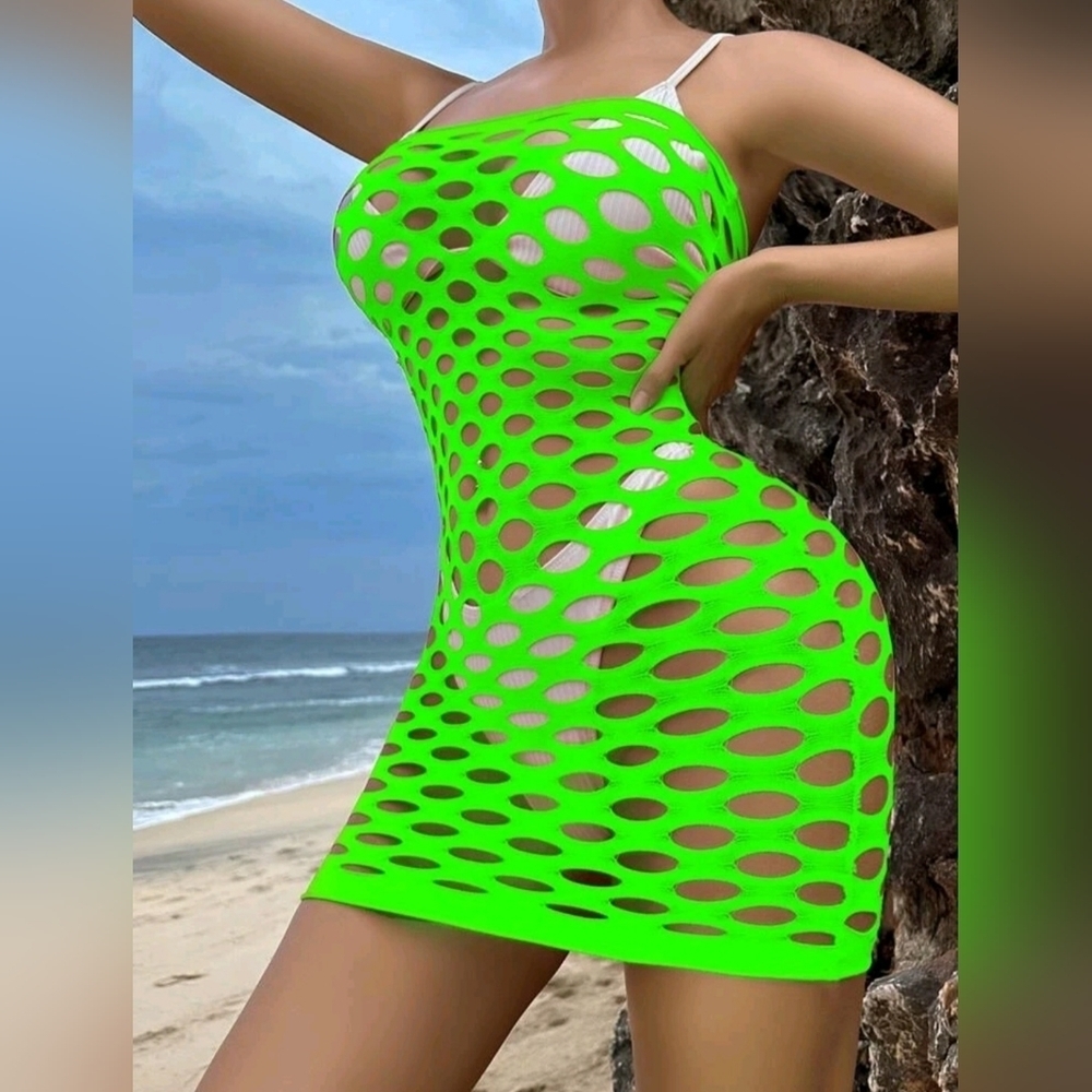 NWT Lime Green Hollow Out Fishnet Cover Up Dress